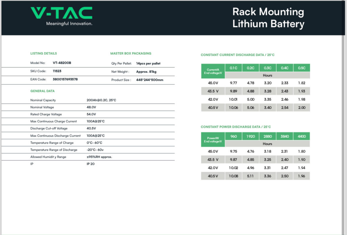 Baterie V-TAC Lithium 9.60 kWh, BMS Incorporat VT-48200B